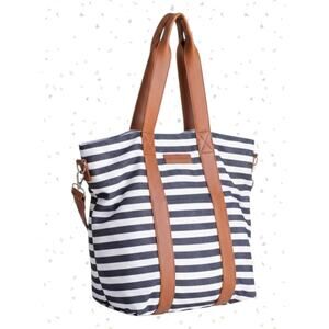 Kindred Bravely Nautical Stripes Florence Tote Bag Grey White Faux Leather NEW